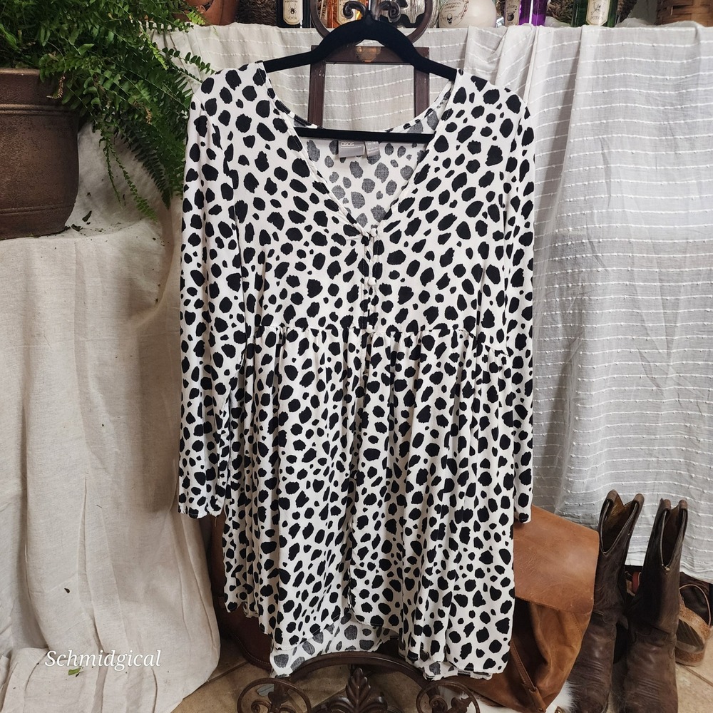 ASOS Black White Polka Dot Print Babydoll Dress Long Sleeve Button Front Smock
